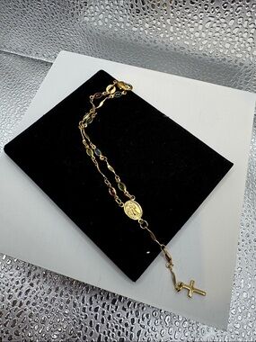 Gold-Tone Multi-Stone Rosary Bracelet with Cross